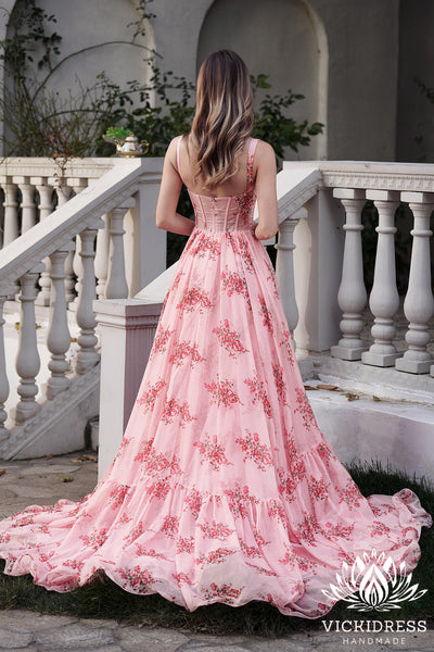 Fairy A Line Sweetheart Floral Printed Chiffon Long Prom Dress VK24121008