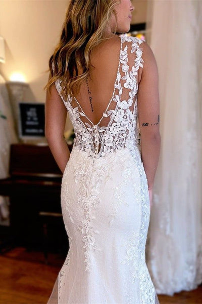 Elegant Mermaid V Neck Lace Long Wedding Dresses with Appliques VK24100907