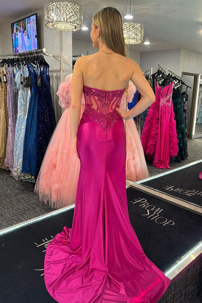 Charming Mermaid Scoop Neck Fuchsia Slit Prom Dress with Appliques