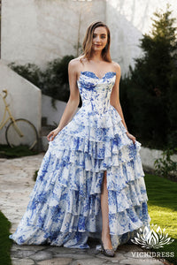 Fairy A Lien Mermaid Sweetheart Floral Printed Chiffon Tiered Prom Dresses with Slit VK24121009