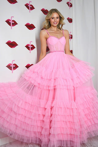 Cute A-Line Sweetheart Pink Ruffle Tiered Tulle Long Prom Dress VK24032905