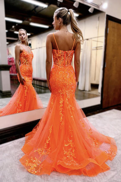 Cute Mermaid V Neck Straps Orange Sequins with Tulle Long Prom Dresses