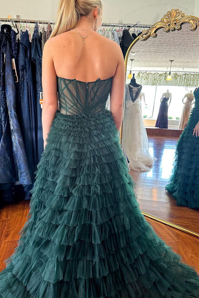 Dark Green Ruffle Tiered Tulle Strapless Long Prom Dresses VK24051005