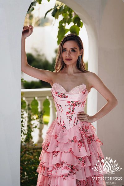 Fairy A Line Sweetheart Blush Pink Floral Printed Chiffon Long Prom Dresses with Slit VK24121010