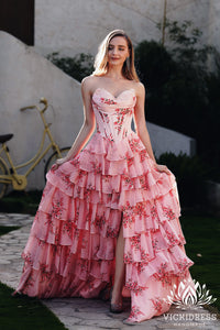 Fairy A Line Sweetheart Blush Pink Floral Printed Chiffon Long Prom Dresses with Slit VK24121010