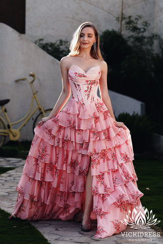 Fairy A Line Sweetheart Blush Pink Floral Printed Chiffon Long Prom Dresses with Slit VK24121010