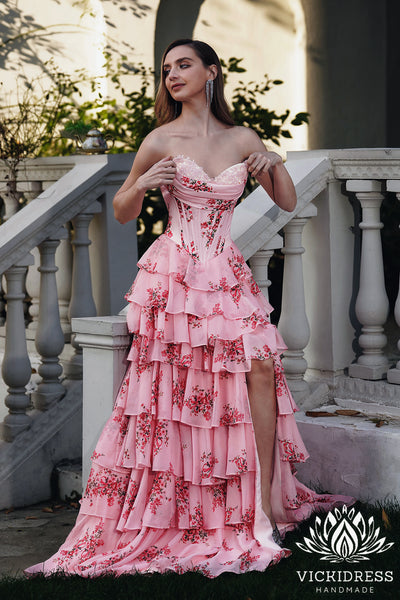 Fairy A Line Sweetheart Blush Pink Floral Printed Chiffon Long Prom Dresses with Slit VK24121010