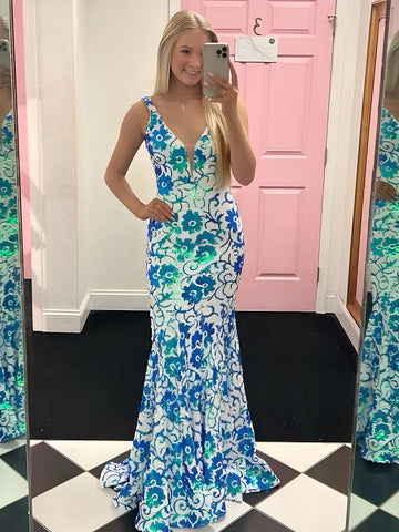 Cute Mermaid V Neck Blue White Sequins Long Prom Dress