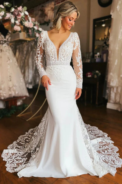 Gorgeous Mermaid V Neck Long Sleeves Lace Wedding Dresses VK24100504