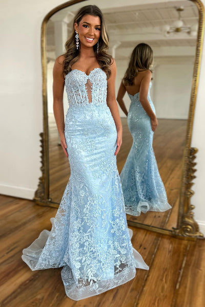 Charming Mermaid Sweetheart Lavender Lace Long Prom Dresses with Appliques VK24102010