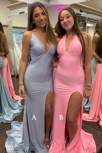 Cute Mermaid V Neck Elastic Satin Slit Prom Dresses with Backless VK13120909