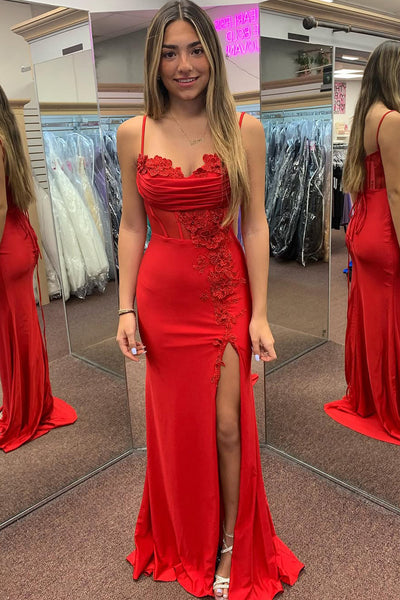 Charming Mermaid Sweetheart Red Satin Slit Prom Dresses with Appliques VK130611