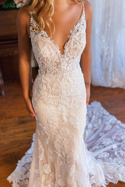 Gorgeous Mermaid V Neck Lace Long Wedding Dresses VK24100505