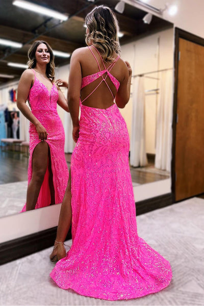 Pink V Neck Sequins Lace Mermaid Long Prom Dresses with Slit VK24042903