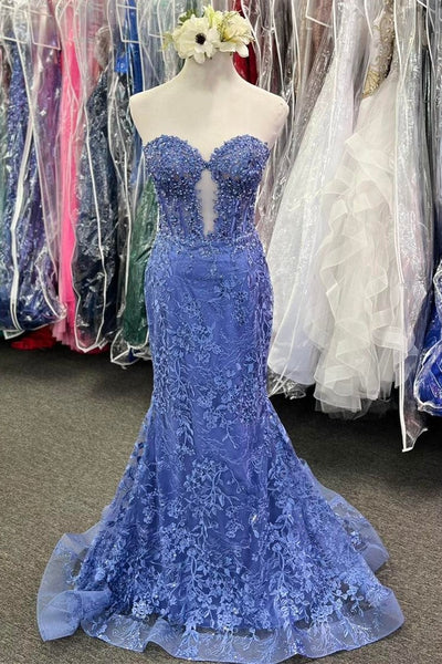 Cute Sweetheart Mermaid Blue Lace Prom Dresses with Appliques VK112118