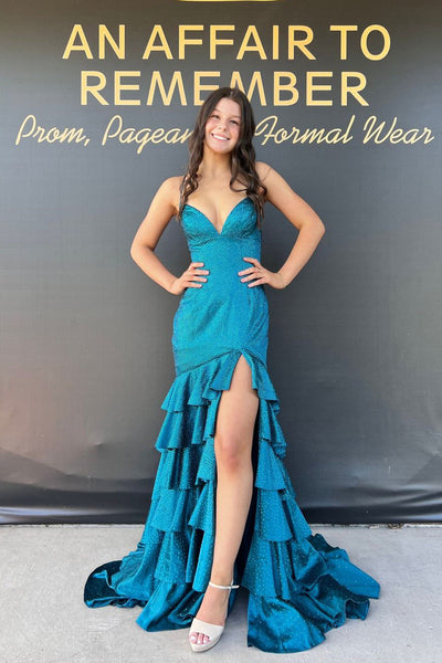 Cute Mermaid V Neck Peacock Blue Beading Tiered Prom Dresses VK2312808