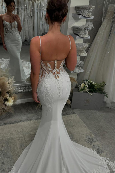 Elegant Mermaid V Neck Elastic Satin Long Wedding Dresses with Appliques VK24101505