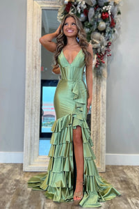 Sweet  Mermaid V Neck Sage Satin Tiered Prom Dress with Slit VK24122403