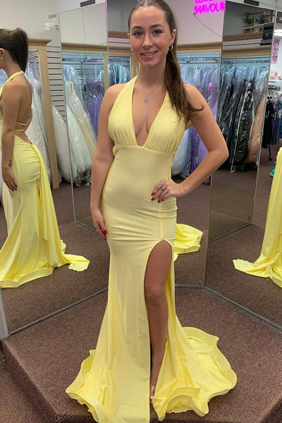 Chic Mermaid Halter Yellow Slit Prom Dress Evening Dresses VK13111603