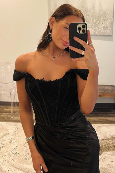 Mermaid Off the Shoulder Black Satin Long Prom Dresses with Slit  VK24021102