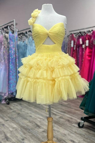 Cute A Line One Shoulder Yellow Short Homecoming Dresses with Flowers VK24082212