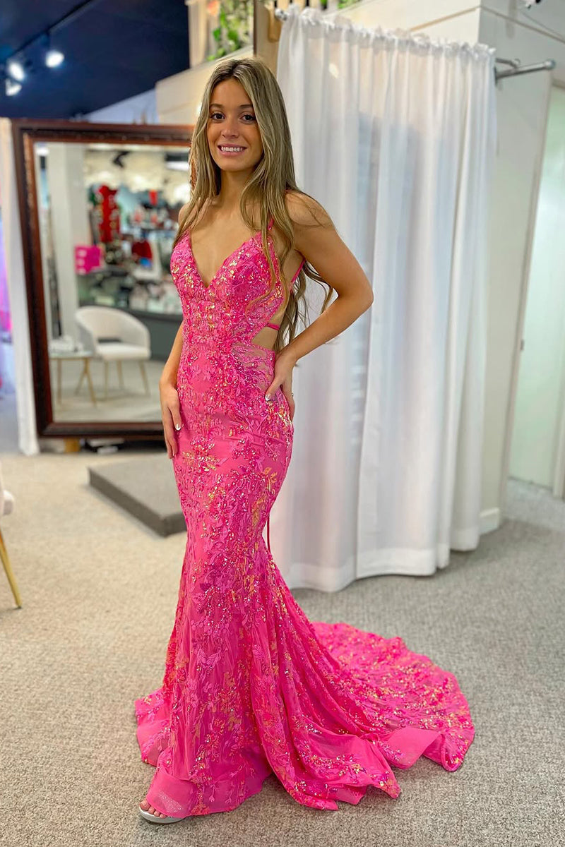 Sparkly Mermaid V Neck Hot Pink Sequins Lace Long Prom Dress VK25010604