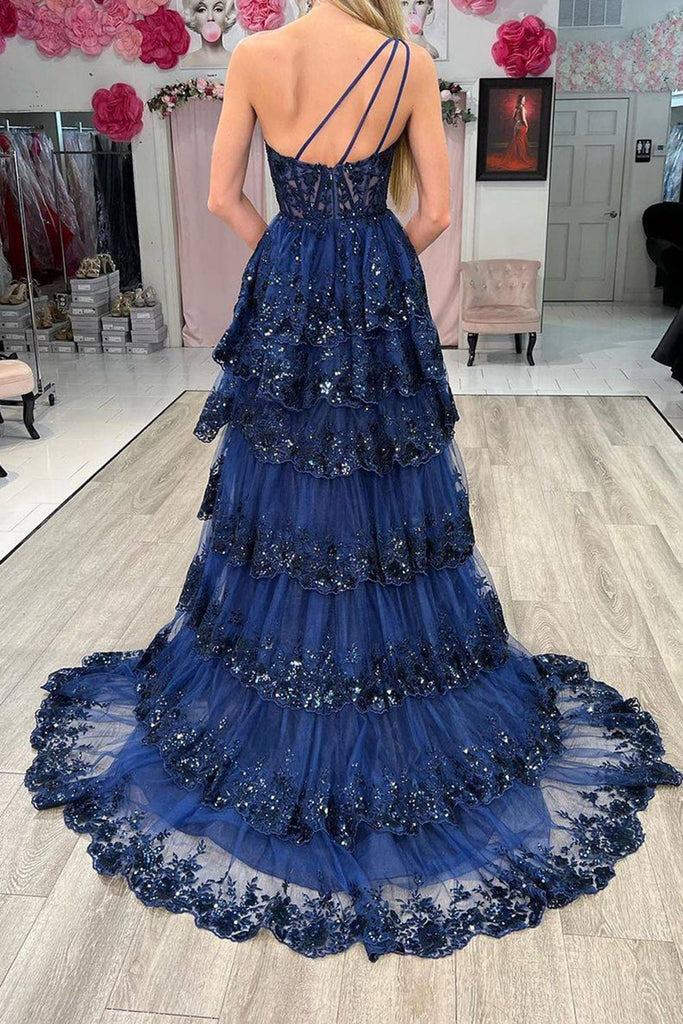 Sparkly A Line One Shoulder Navy Lace Corset Prom Dress with Ruffles  VK23111404 – Vickidress