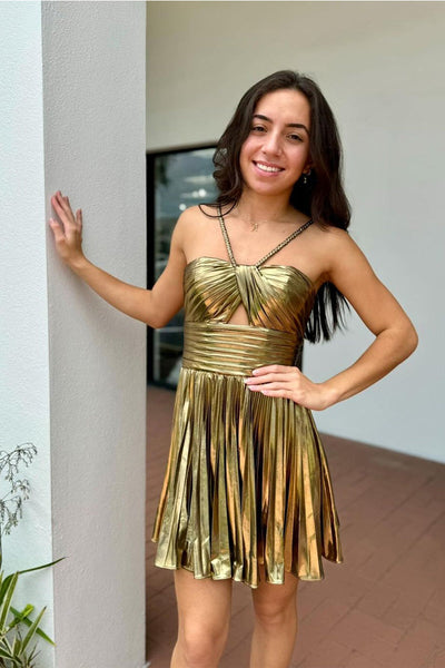 Cute A Line Straps Gold Sparkly Homecoming Dresses VK073111