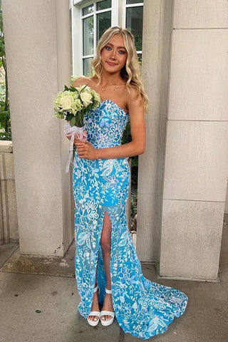 Blue Sequins Strapless Mermaid Long Prom Dresses with Slit VK24060203