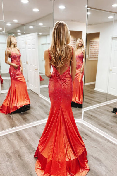 Cute Mermaid V Neck Rust Red Prom Dress with Hot Stone VK13111601