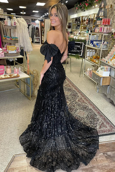 Cute Mermaid Off the Shoulder Black Sequins Lace Prom Dresses VK1320613