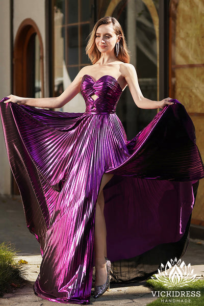 Cute A Line Sweetheart Purple Metallic Satin Slit Prom Dresses VK24121106