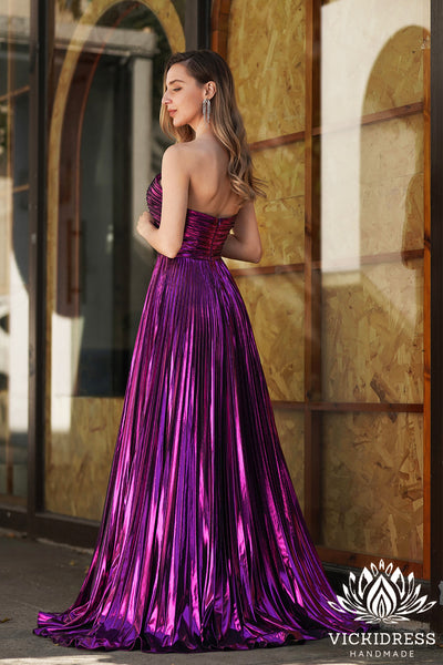 Cute A Line Sweetheart Purple Metallic Satin Slit Prom Dresses VK24121106