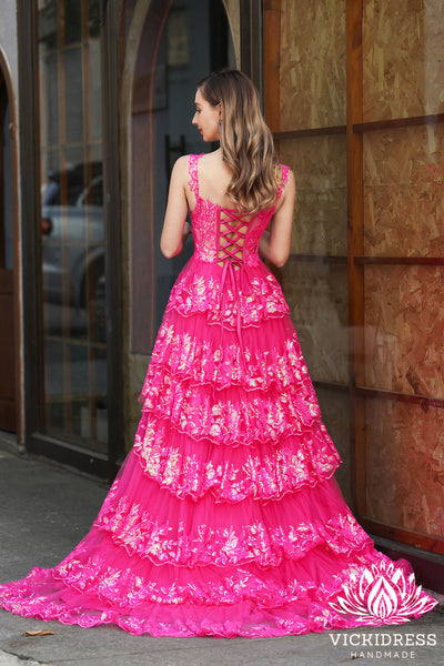 Gorgeous Ball Gown Sweetheart Pink Tiered Long Prom Dresses with Slit VK24121007