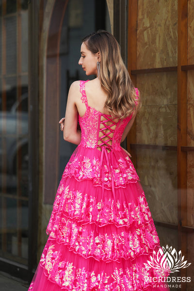 Gorgeous Ball Gown Sweetheart Pink Tiered Long Prom Dresses with Slit VK24121007