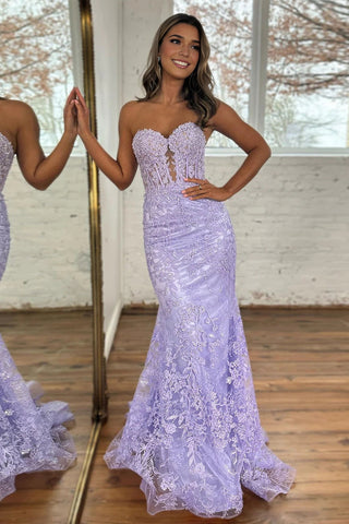 Charming Mermaid Sweetheart Lilace Lace Appliques Prom Dresses with Beading