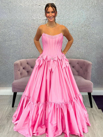 Sweet Ball Gown Scoop Neck Taffeta Pink Long Prom Dresses