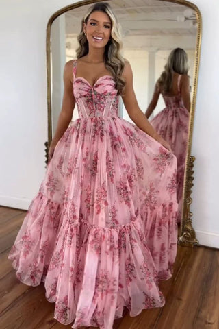 Fairy A Line Sweetheart Blush Floral Printed Chiffon Long Prom Dress VK24123006