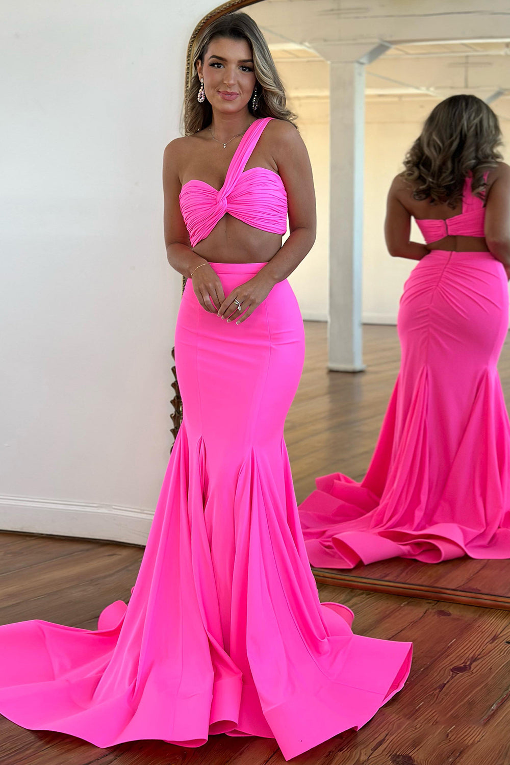 Charming Mermaid One Shoulder Pink Pleated Prom Dresses with Slit VK24102019