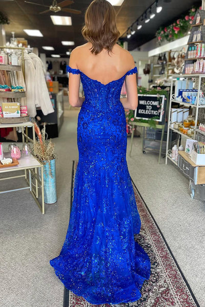 Sparkly Mermaid Off the Shoulder Royal Blue Sequins Lace Prom Dress with Slit VK1361707