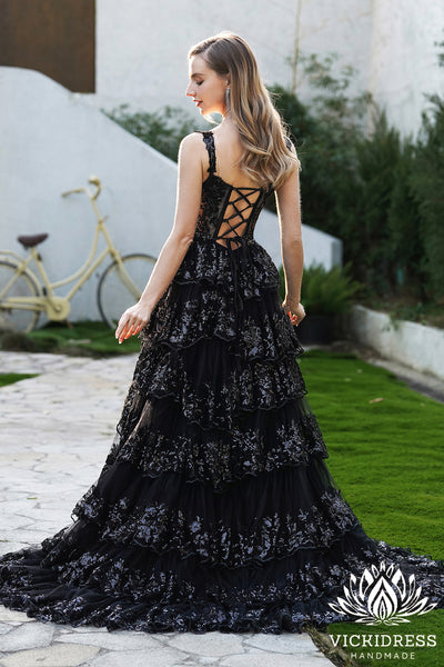 Gorgeous Ball Gown Sweetheart Black Sequins Lace Tiered Prom Dresses VK24121110