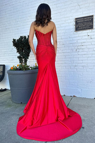 Charming Mermaid V Neck Red Satin Slit Prom Dress with Beading VK1362012