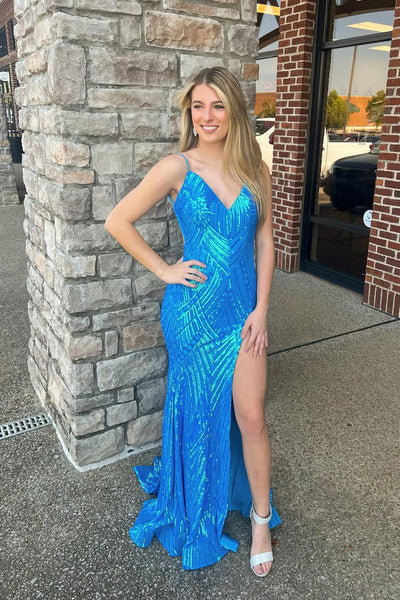 Cute Mermaid V Neck Blue Sequins Lace Slit Prom Dress VK1361708