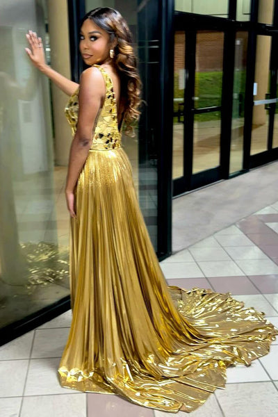 Gold A Line V Neck Beaded Pleated Prom Dresses with Slit VK24102108