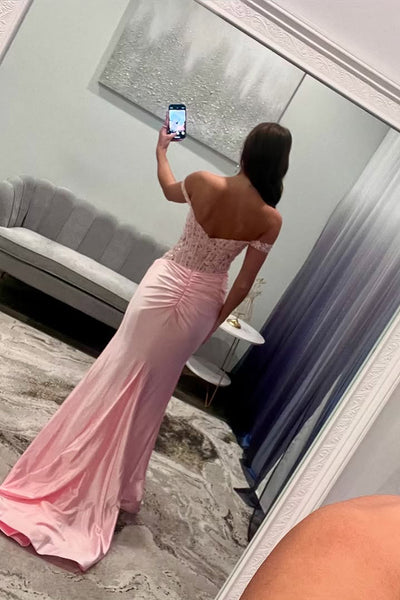 Cute Mermaid Off the Shoulder Pink Satin Prom Dress with Slit VK25012303