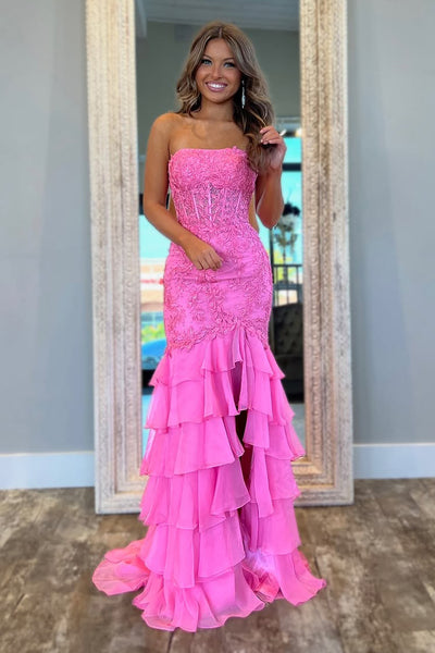 Cute Sheath Strapless Hot Pink Tiered Chiffon Prom Dress with Slit VK25012603