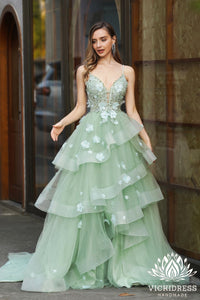 Fairy Ball Gown V Neck Sage Green Tiered Prom Dresses with 3D Flowers VK24121111