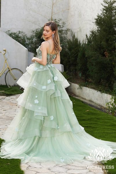 Fairy Ball Gown V Neck Sage Green Tiered Prom Dresses with 3D Flowers VK24121111