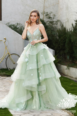 Fairy Ball Gown V Neck Sage Green Tiered Prom Dresses with 3D Flowers VK24121111