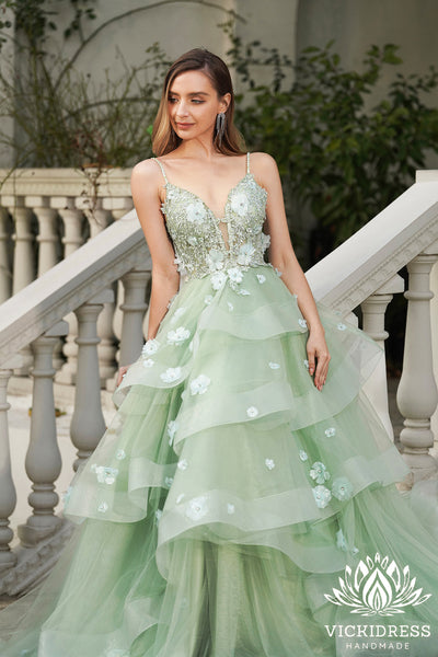 Fairy Ball Gown V Neck Sage Green Tiered Prom Dresses with 3D Flowers VK24121111